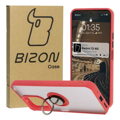 Etui z uchwytem na palec Bizon Case Hybrid Ring do Xiaomi Redmi 13 4G, przydymione z czerwoną ra