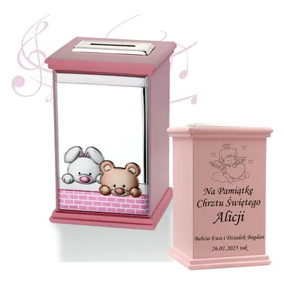 Skarbonka z pozytywką z misiem i zajaczkiem dla dziewczynki z grawerem- prezent na Chrzest Św. r