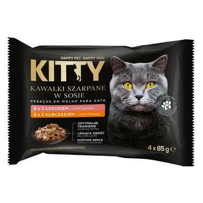 Kitty Premium Saszetka dla kota kawałki szarpane z kurczakiem / z łososiem w sosie 4x85g