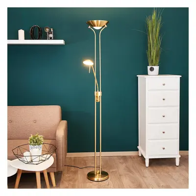 Lampa podłogowa LED Josefin, mosiądz, lampka do czytania, ściemniana