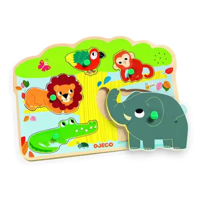 Drewniane puzzle wkładane dla dzieci z motywem zwierząt dżungli z dźwiękiem Djeco
