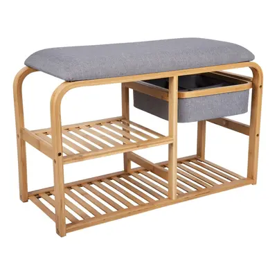 Bambusowy regał na buty z szarym siedziskiem Leitmotiv Bench, szer. cm