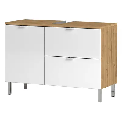 Biała szafka pod umywalkę z dekorem dębu Germania Mauresa, szer. 80 cm