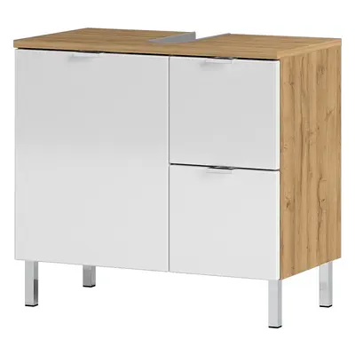 Biała szafka pod umywalkę z dekorem dębu Germania Mauresa, szer. 60 cm