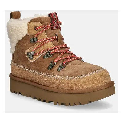 UGG buty zamszowe Classic Alpine Lace Up kolor brązowy na płaskim obcasie ocieplone 1158271-CHE