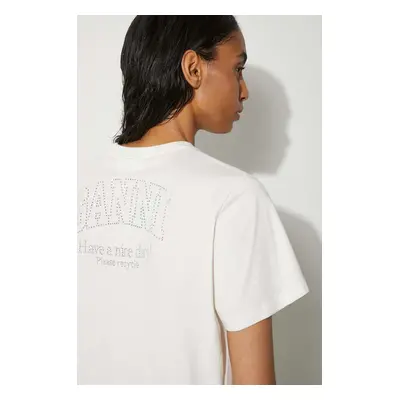 GANNI t-shirt bawełniany Basic Jersey Rhinestone Relaxed T-shirt damski kolor beżowy T3946