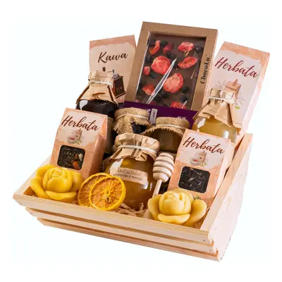 Kosz prezentowy kraftowy zestaw herbat skrzynka kawa czekolada syropy świece miód