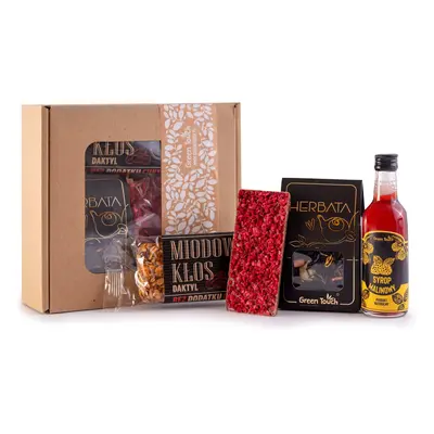 Box prezentowy kraftowy syrop malinowy zestaw herbata czekolada lio baton
