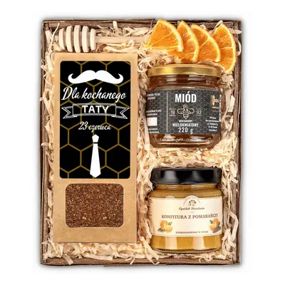 Prezent na dzień ojca dla taty zestaw prezentowy. Kosz prezentowy z herbatą i miodem.