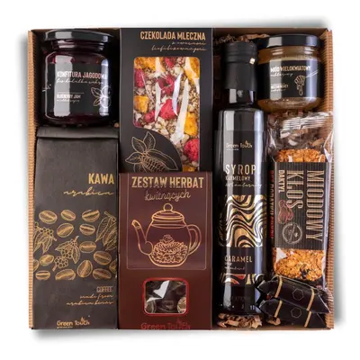 Zestaw kosz prezentowy herbata kawa miód syrop czekolada konfitura premium