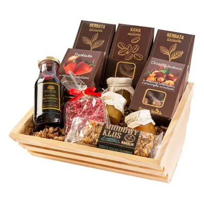 Kosz prezentowy zestaw herbat skrzynka kawa truskawki orzechy w czekoladzie