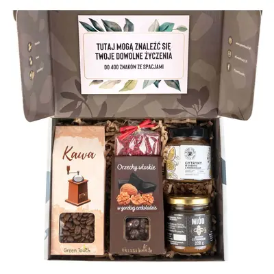 Pudełko zestaw prezentowy kawa, miód, orzechy cytryny czekolada upominek