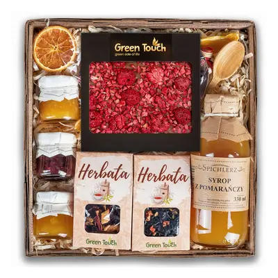 Kosz prezentowy zestaw herbat z przetworami, syropem i czekoladą