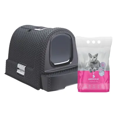 CURVER Kuweta toaleta dla kota 51x38,5x40 cm grafit/szary + ARISTOCAT Żwirek silikonowy PREMIUM 
