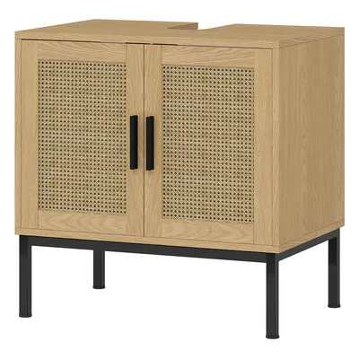 kleankin Szafka łazienkowa w stylu Boho, z rattanowymi elementami, z wycięciem pod umywalkę, Dąb