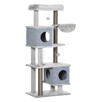 PawHut Drapak dla Kota Szary z 2 Domkami Platformami i Kula do Zabawy 60x40x142cm Bezpieczny i S