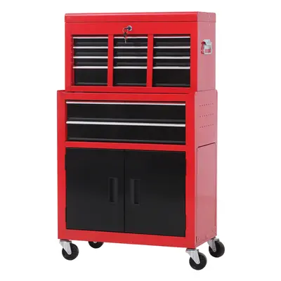 HOMCOM Szafka na narzędzia z skrzynką, na kółkach, 6 szuflad, Metal, Czerwona