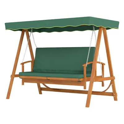 Outsunny Huśtawka ogrodowa z daszkiem, drewniana, z funkcją leżanki, dla 3 osób, Ciemnozielona
