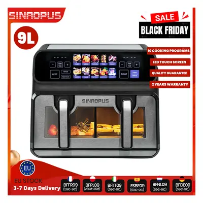 Sinaopus Frytkownica na Gorące Powietrze 2200W Podwójny Kosz 9 L XXL Wielofunkcyjna Frytkownica Powietrzna Automatyczne Programy