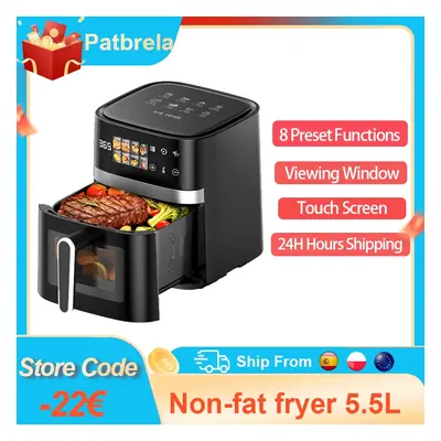 Frytkownica beztłuszczowa Patbrela 5,5L 8-w-1 Max 200 ° Elektryczny frytkownica-żarówka bezolejowa z dotykowym sterowaniem, kosz
