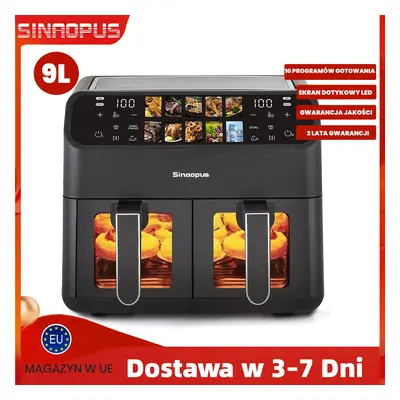 Sinaopus Frytkownica Beztłuszczowa 2000W XXL 9L z Podwójnym Koszem Wielofunkcyjna Frytkownica z Ekranem Dotykowym LED, Timerem i