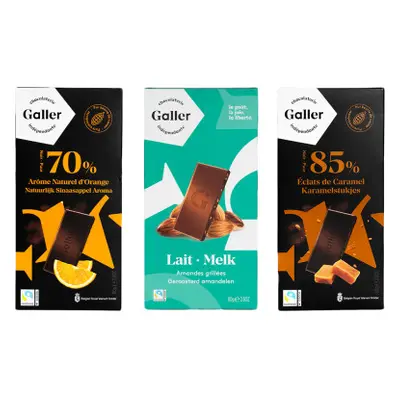 Zestaw tabliczek czekolady Galler Dark Orange x Noir Eclats De Caramel x Milk Almonds, 3 x 80 g