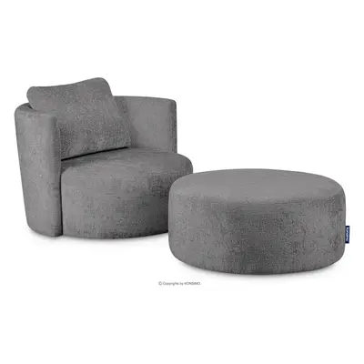 Zestaw fotel i puf obrotowy w tkaninie szenil szary RAGGI