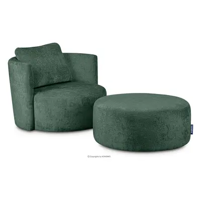 Zestaw fotel i puf obrotowy w tkaninie szenil zielony RAGGI